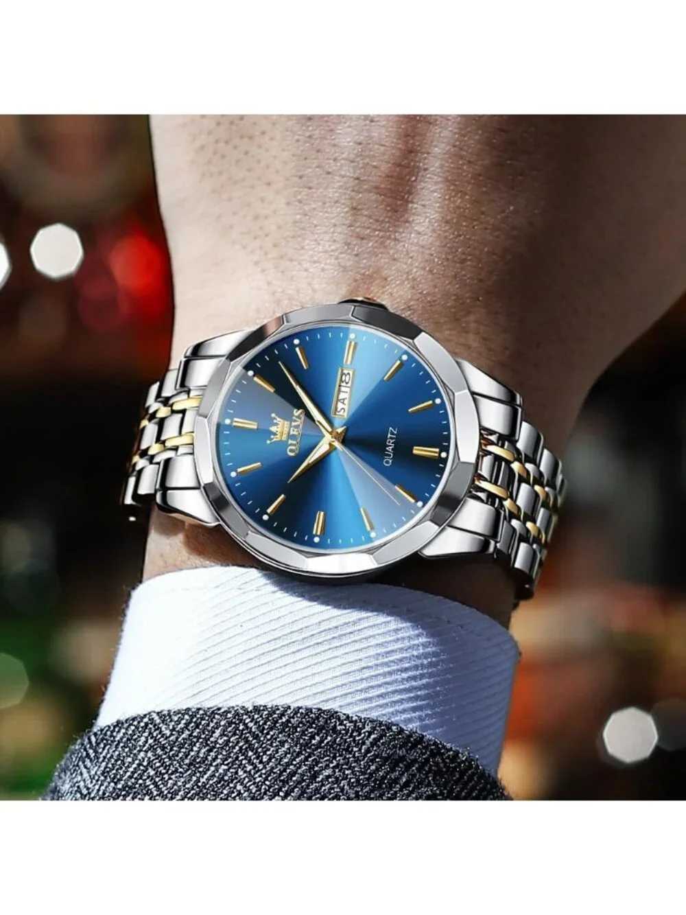 Men Blue Diamond Analog Quartz Solid Stainless Waterproof Luminous Classic Watch